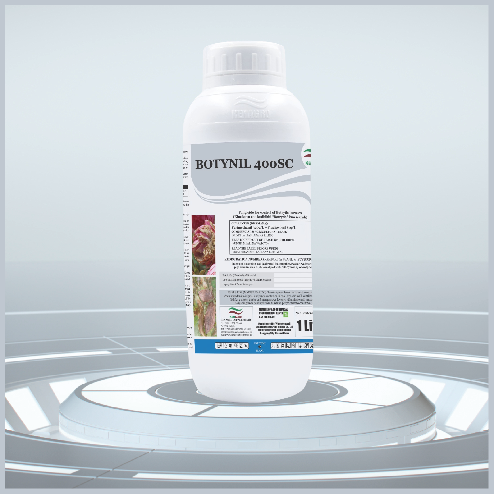 White Botynil 400SC fungicide bottle on a circular pedestal with a labeled front panel visible