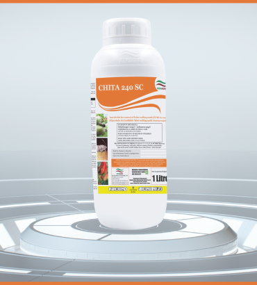 White bottle labeled CHITA 240 SC with an orange design, upright on a circular display pedestal