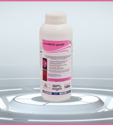 White bottle labeled CLOMITE 500SC placed on a circular display with a pink border background.