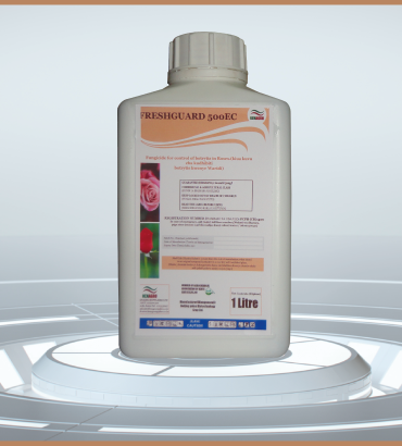 White plastic bottle labeled FreshGuard 500EC fungicide with a Ken Agro logo, 1 litre capacity outward visible on the label.