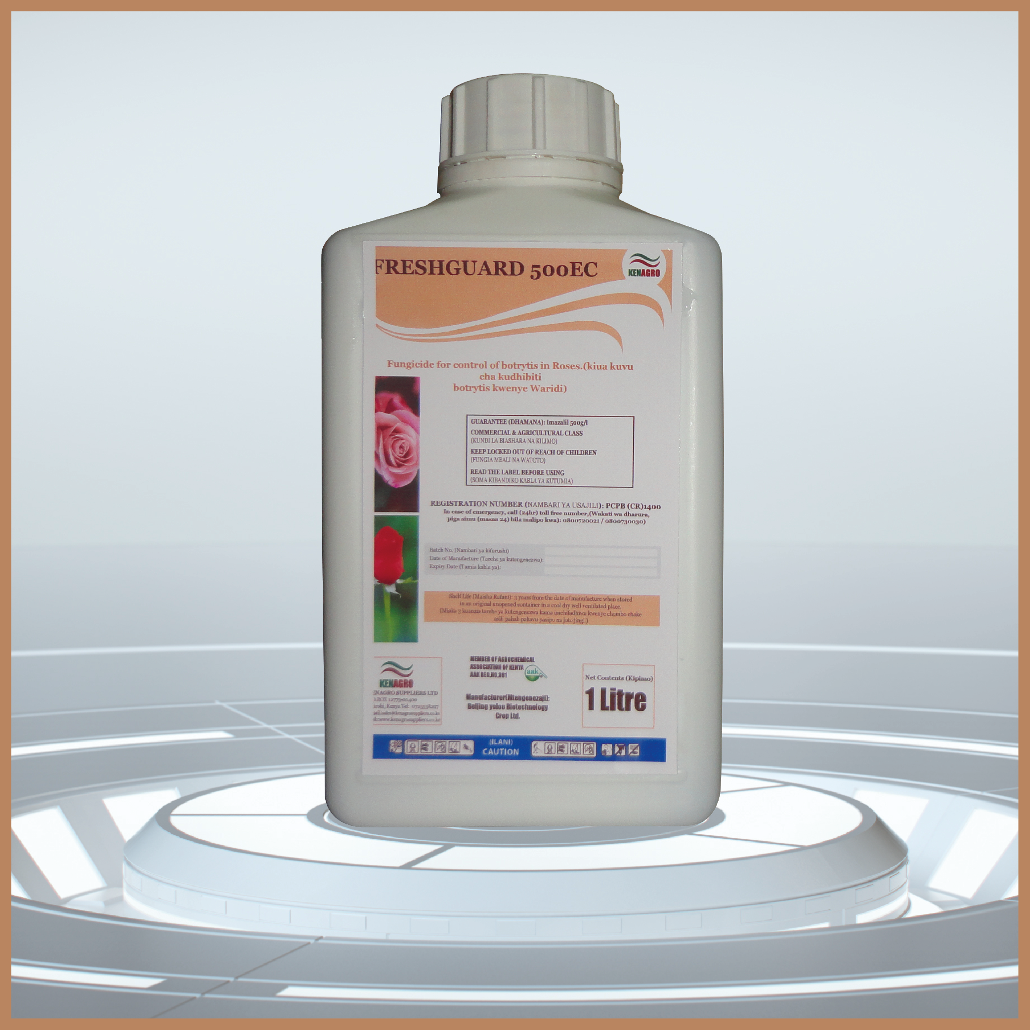 White plastic bottle labeled FreshGuard 500EC fungicide with a Ken Agro logo, 1 litre capacity outward visible on the label.
