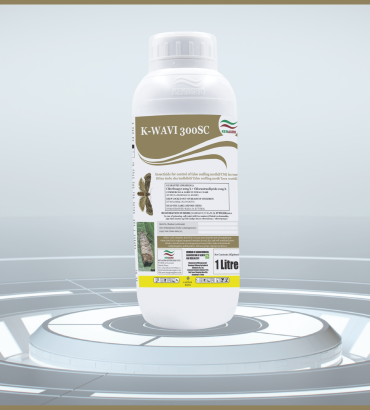 White bottle labeled 'K-WAVI 300SC' pesticide on a circular display stand with Kenagro branding in a bright setting.